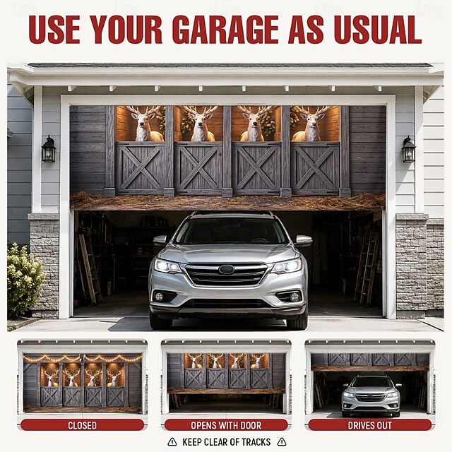Christmas Garage Door Cover With LED String Lights, 3D Reindeer Print ...