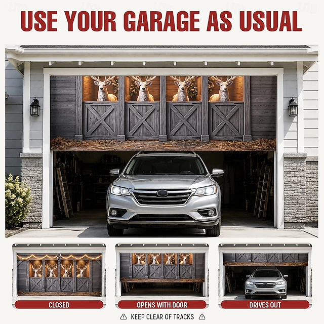 Barn Style Light Christmas Garage Door Cover With LED String Lights, 3D Reindeer Print ...