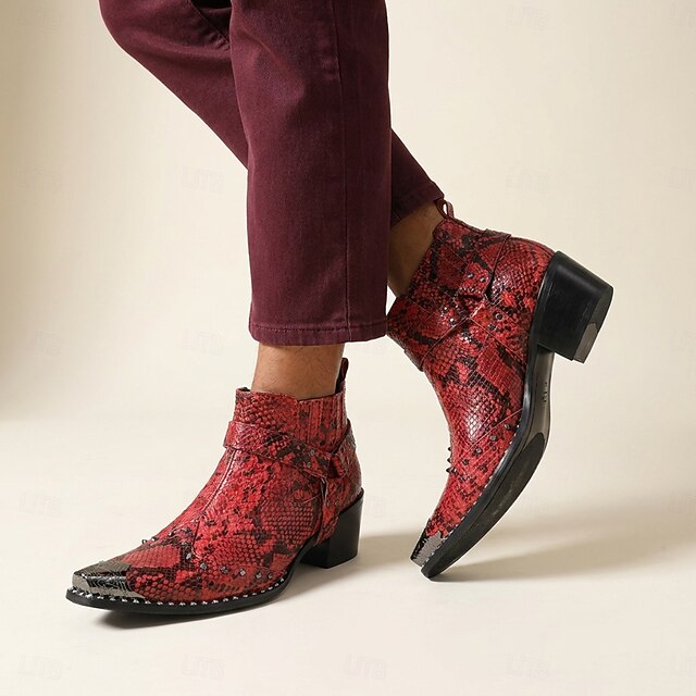 Men's Premium Genuine Leather Western Cowboy Ankle Boots Red Snakeskin ...