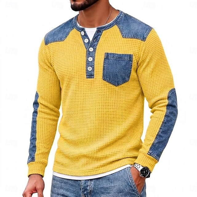 Men's Waffle T-shirt T Shirt Long Sleeve Henley Patchwork Denim Fall ...