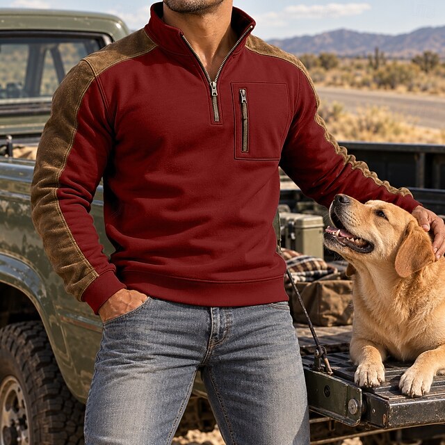 Men's Sweatshirt Quarter Zip Sweatshirt Tactical Hoodie Khaki Wine Red ...