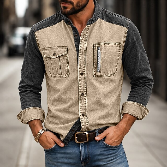 DenimTone Men Shirt Garment Dyed Acid Wash Shirt Color Block Casual ...