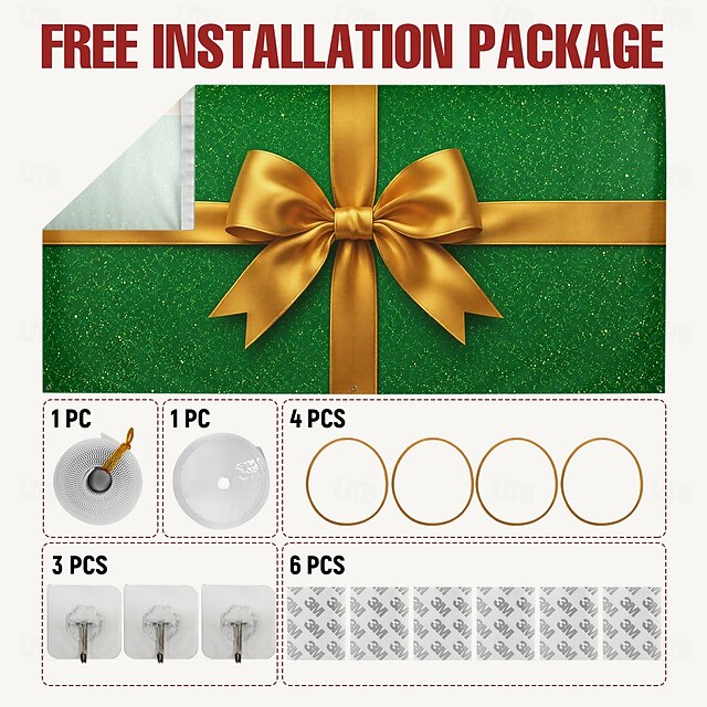 Christmas Garage Door Cover With LED String Lights, 3D Green Gift Box ...
