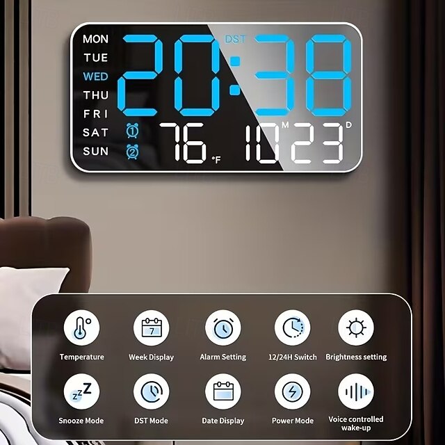 Large LED Digital Wall Clock with Time Date and Temperature Display ...