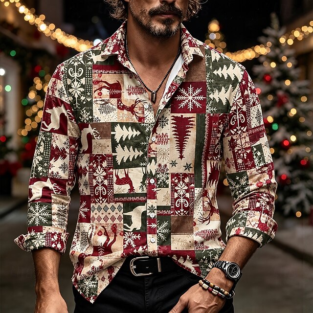 Christmas Men's Christmas Tree Christmas Animal Button Up Shirt Casual ...