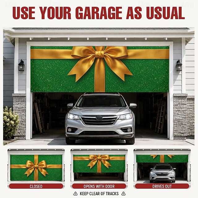 Christmas Garage Door Cover With LED String Lights, 3D Green Gift Box ...