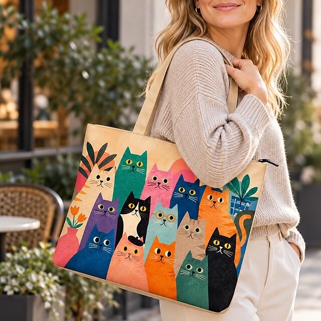 Women's Cat Print Large Capacity Zipper Tote Bag, Polyester Shoulder ...