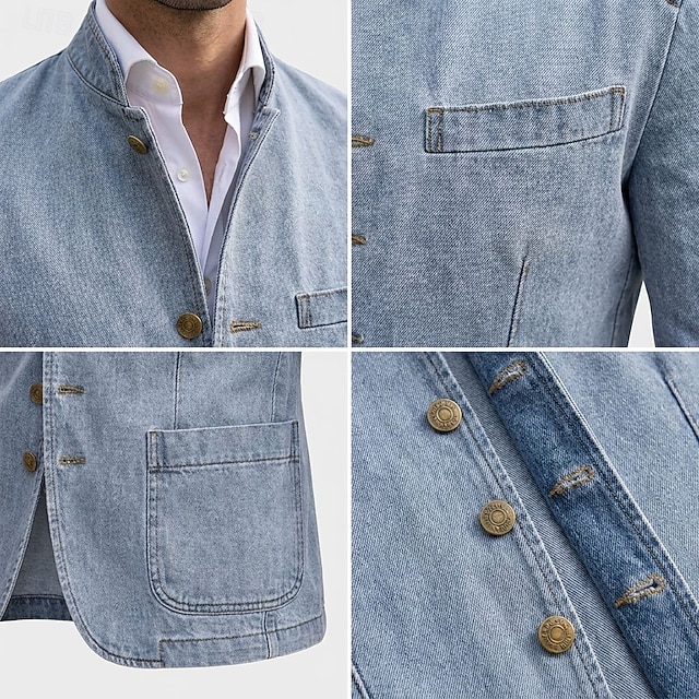 Men's 100% Cotton Washed Denim-look Blazer Casual Streetwear Elegant ...