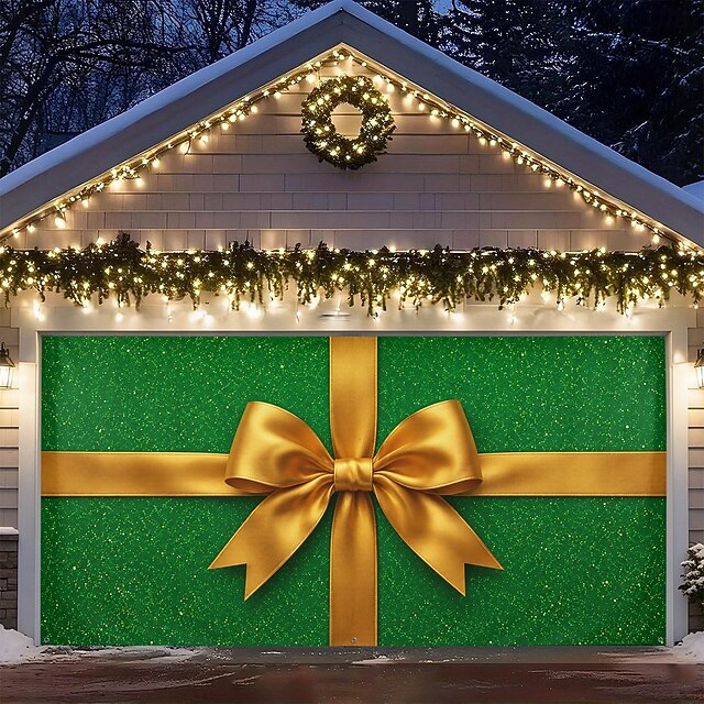Christmas Garage Door Cover With LED String Lights, 3D Green Gift Box ...