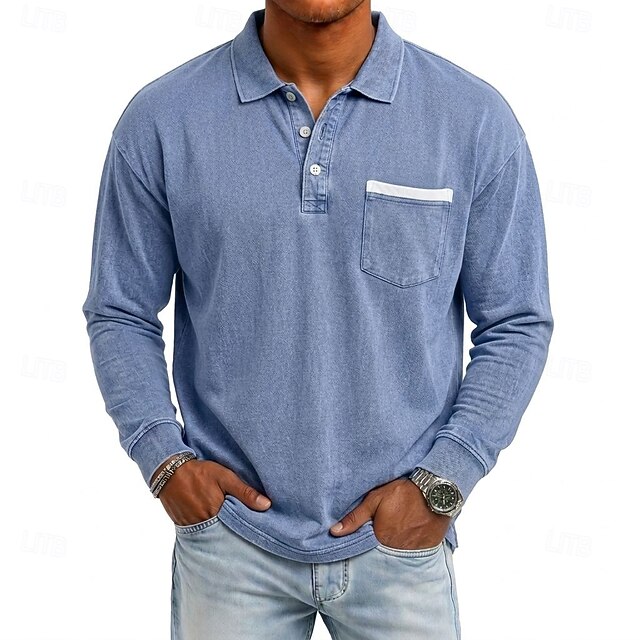 Men's Polo 100% Cotton Acid Wash Shirt Casual Vacation Turndown Long ...