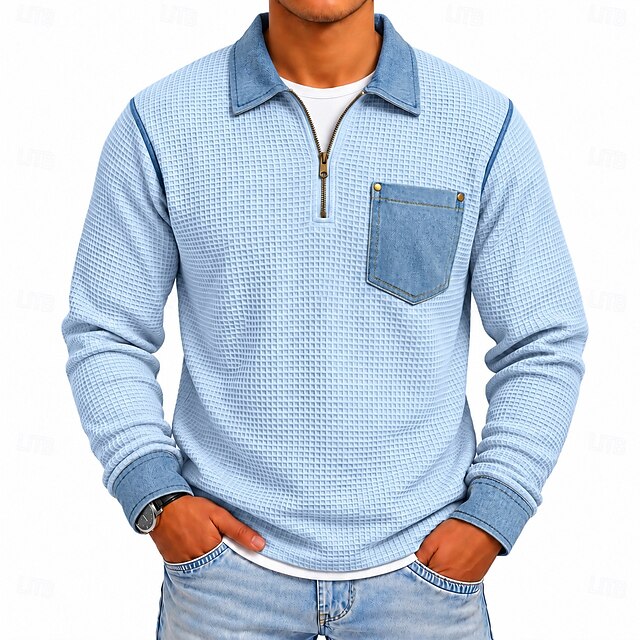 Men's Waffle Polo Shirts Casual Vacation Turndown Long Sleeve Fashion ...