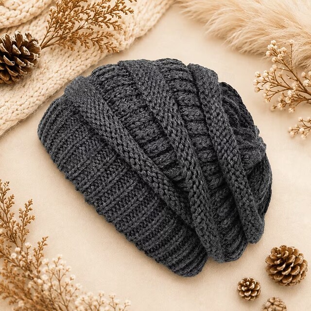 Chunky Knit Cable Brimless Beanie Hat, Oversized Loose Fit Winter Cap ...