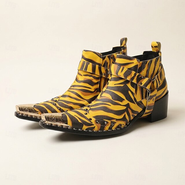 Men's Genuine Leather Yellow Animal Print Chelsea Boots Exotic Pattern ...