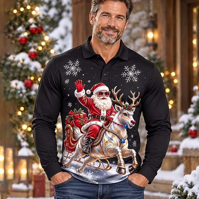 Christmas Men's Graphic Santa Claus Rhinestone Polo Long Sleeve Polo ...