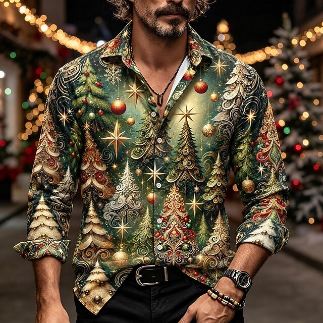 Christmas Men's Christmas Tree Christmas Animal Button Up Shirt Casual ...