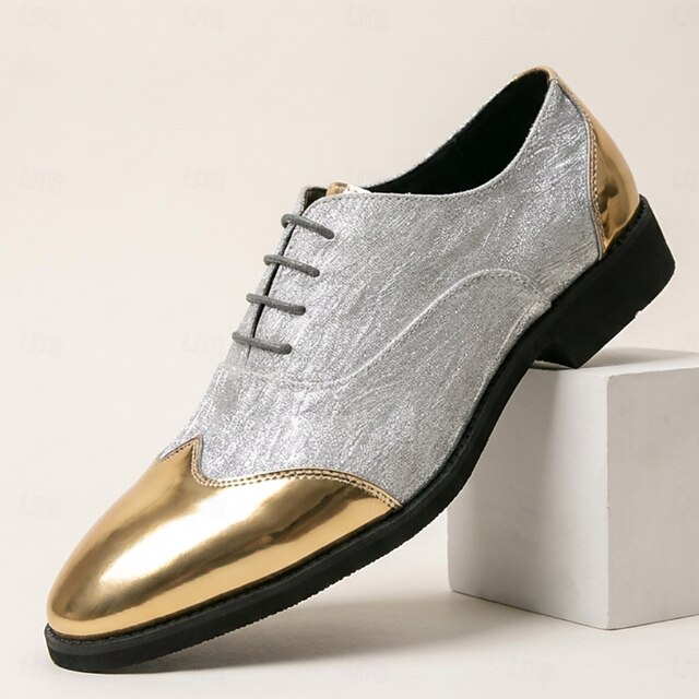 Men's Two-Tone Oxford Shoes Lace-Up Dress Shoes with Metallic Gold Toe ...