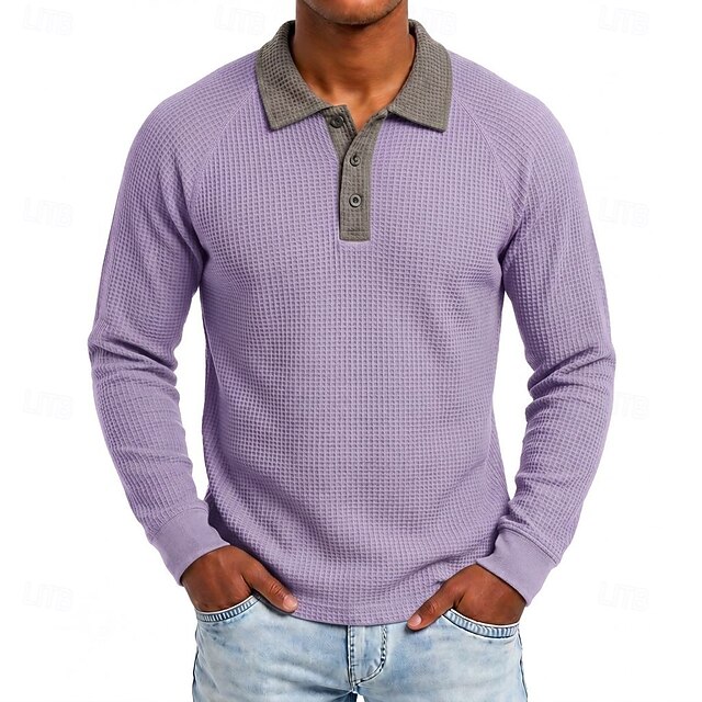Men's Waffle Polo Shirts Casual Vacation Turndown Long Sleeve Fashion ...