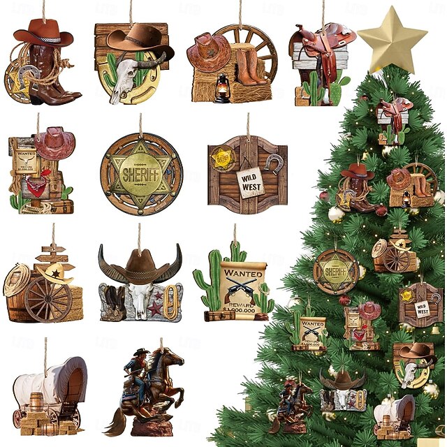 36 Pcs Western Christmas Ornaments Wooden Cowboy Hanging Decoration ...