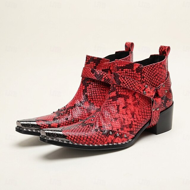 Men's Premium Genuine Leather Western Cowboy Ankle Boots Red Snakeskin ...