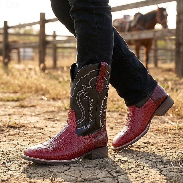 Men's Red Western Cowboy Boots with Crocodile-Embossed Foot and ...