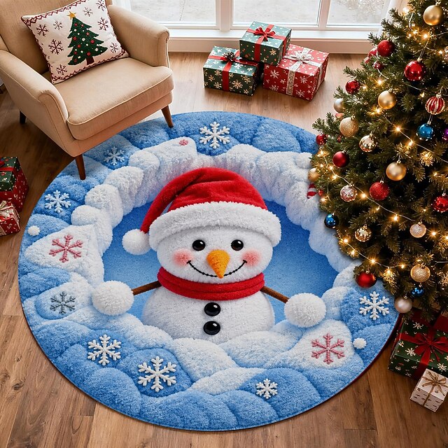 Christmas Round Area Rug Doormat, Cute Snowman and Blue Snowflake ...