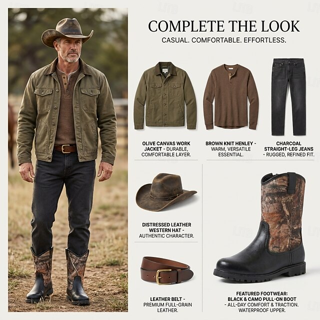Men's Western Work Style Mid Calf Boots Black Brown Camouflage Print ...