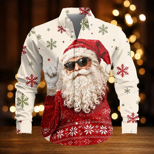 Christmas Men's Santa Claus Button Up Shirt Casual Dress Shirt Long ...