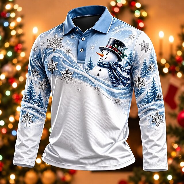 Christmas Men's Snowman Polo Long Sleeve Polo Shirts Collared Shirts ...