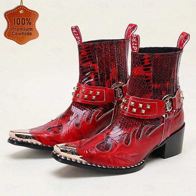 Men's Genuine Leather Western Cowboy Ankle Boots Red Crocodile Embossed ...