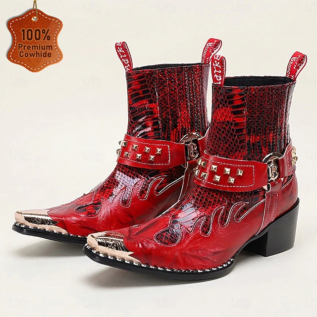 Red Color Style Men's Genuine Leather Western Cowboy Ankle Boots Red Crocodile Embossed ...
