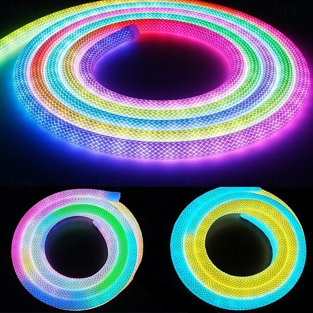 Waterproof WS2811 Woven Silicone Neon LED Light Strip 12MM 360 Degree Circular Mesh Controller RGB Nylon Pool Light Strip Flexible Dreamy Color Rope Light Bedroom Decoration DC5V for Halloween 18