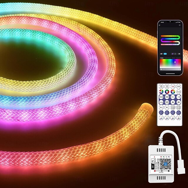 Waterproof WS2811 RGBIC Woven Silicone Neon Light with Addressable Dreamy Color LED Strip 2.5M-10M 360 Degree Lighting WIFI APP Control Bedroom Indoor and Outdoor Decoration Including DC12V Adapter Kit 16