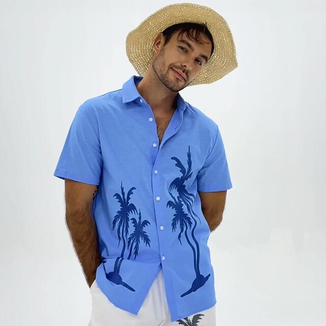 Men's Shirt Graphic Hawaiian Fashion Casual Linen Shirt Button Up Shirt Short Sleeve Daily Hawaiian Vacation Spring &  Fall Lapel Print Blue Green Gray 55%Flax 45%cotton 22