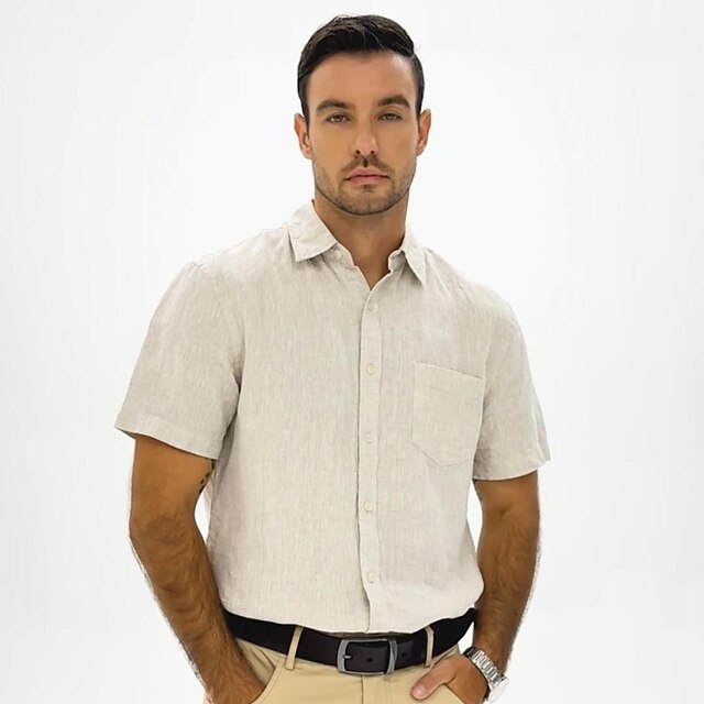 Men's 100% Linen Shirt Casual Shirt khaki Short Sleeve Solid Color Turndown Outdoor Sports & Outdoor Button Clothing Apparel Vacation Neutral Daily Sports & Outdoors 15