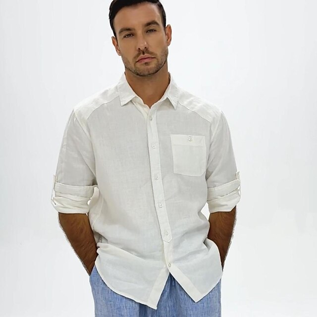 Men's 100% Linen Shirt White Long Sleeve Solid Color Turndown Summer Outdoor Office / Career Clothing Apparel Button 12