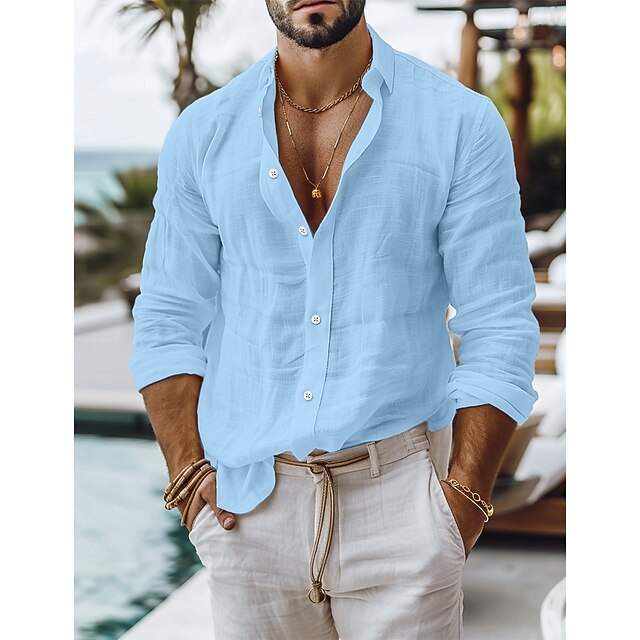 Men's Shirt Linen Shirt Summer Shirt Beach Wear Button Up Shirt Plain Vacation Casual Black White Pink Blue Long Sleeve Collar Spring & Summer Clothing Apparel 11