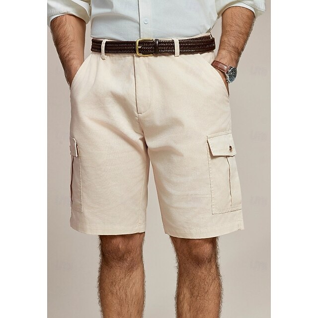 Men's Shorts Linen Shorts Summer Shorts Front Pocket Straight Leg Plain Comfort Breathable Knee Length Party Outdoor Casual Fashion Basic Khaki 17