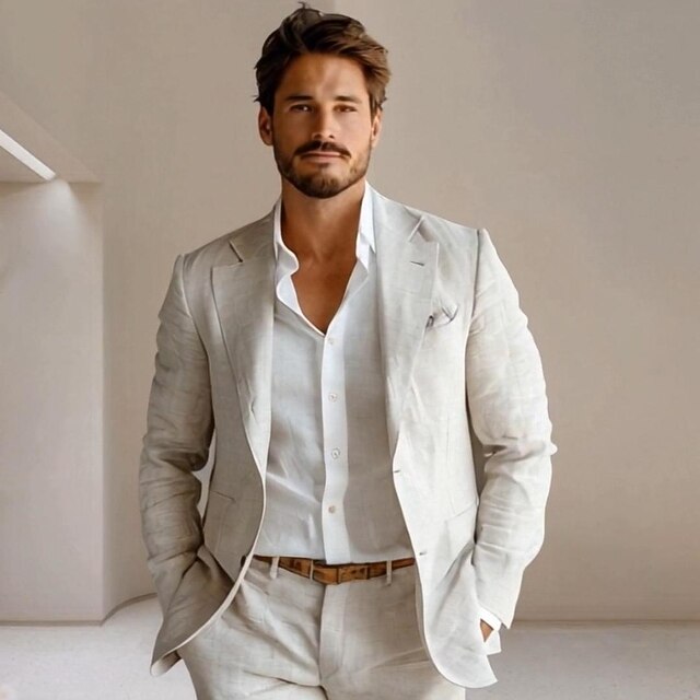 Men's 100% Linen Blazer Jacket Wedding Party Anniversary Summer Spring Linen Solid Color Single Breasted One-button Blazer Blue Beige 18