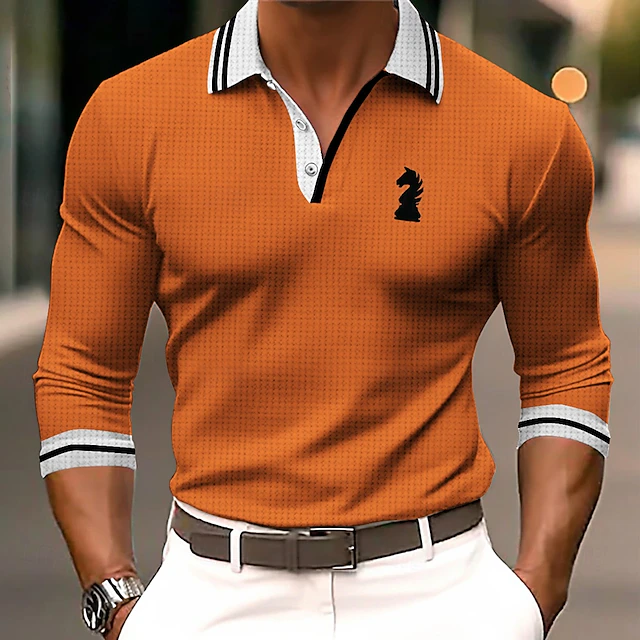 Men's Striped Waffle Polo Shirts Golf Shirt Long Sleeve Polo Shirts Collared Shirts Business Casual WorkWear Formal Wear Festival Wear Buttons 3D Print Spring & Summer Black Blue Orange 6