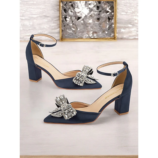Women's Satin Block Heel Pumps with Rhinestone Bow – Elegant Formal Heels for Weddings and Special Occasions 7