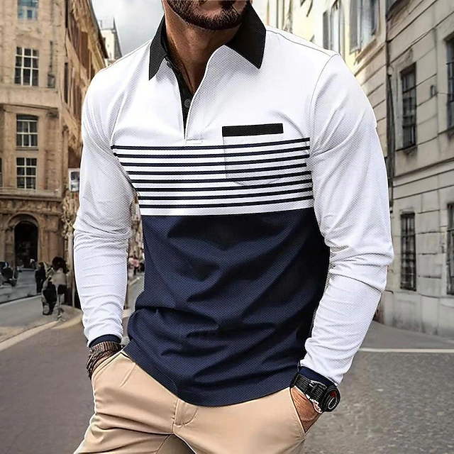Men's Geometric Polo Shirts Golf Polos Shirts Long Sleeve Polo Shirts Collar Casual Vacation Party Evening Wear Dailywear 3D Print Buttons Spring Fall Winter Black And White4