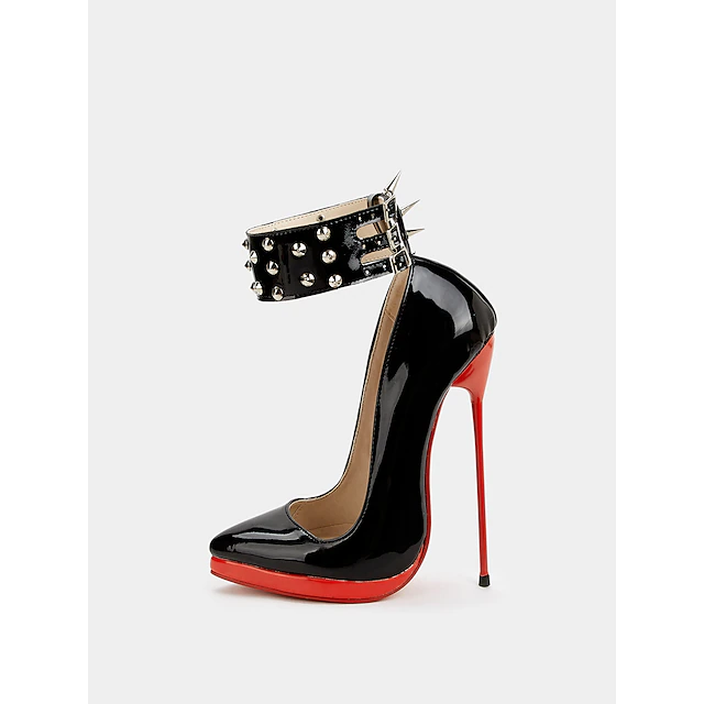 Women's Black Patent Leather Platform Stiletto Heels with Red Sole, Studded Spiked Ankle Straps, Sexy High Heels for Night Out, Parties, and Clubwear 8