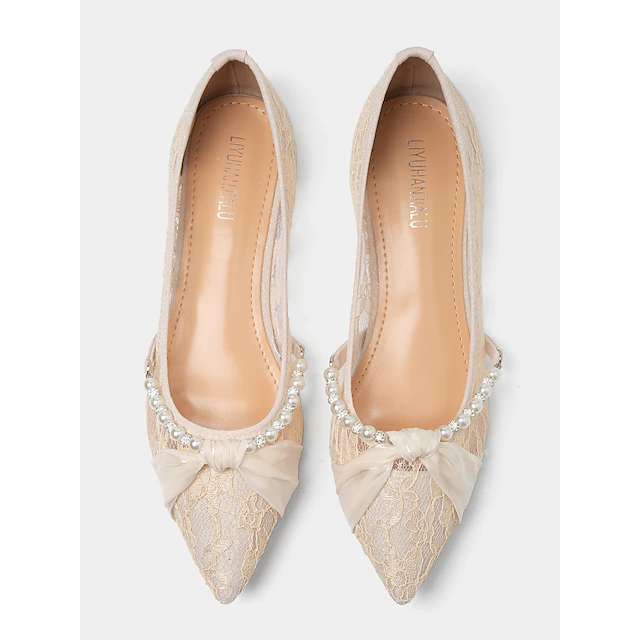 Women's Lace Pointed-Toe Flats with Pearl Embellishments and Bow Detail - Elegant Bridal Shoes for Weddings and Formal Occasions 7