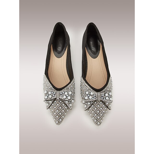 Women's Black Embellished Flats with Pearls and Rhinestones, Bow Detail, and Gold-Tipped Low Heel - Elegant Dress Shoes for Formal Occasions 6