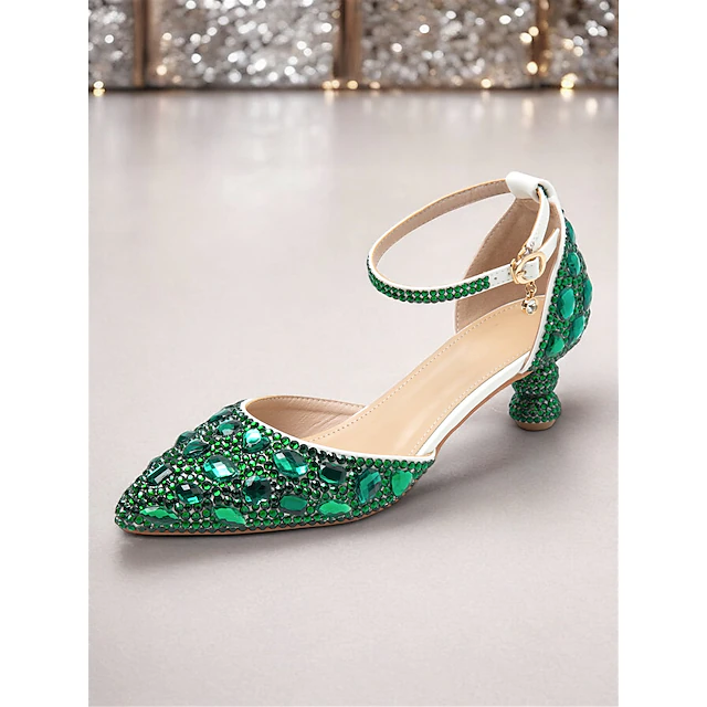 Women's Green Rhinestone Pointed-Toe Heels with Ankle Strap - Glamorous Jewel-Embellished Pumps for Evening and Special Occasions 10