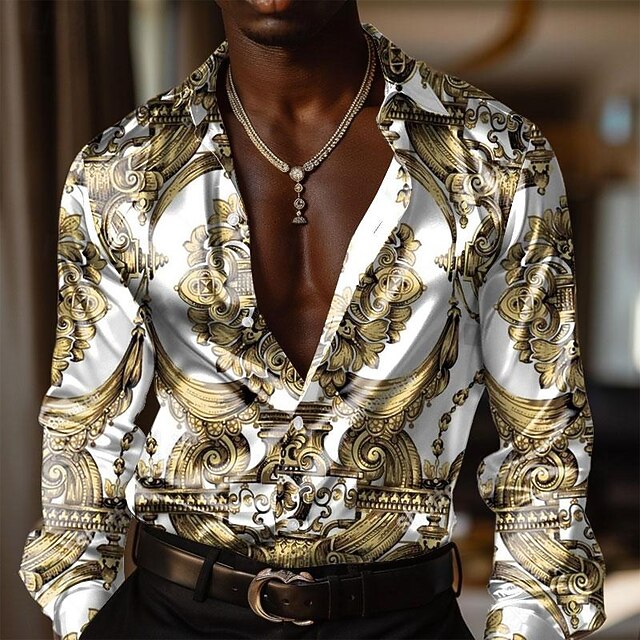 Men's Baroque Dress Shirt Button Up Shirt Long Sleeve Fashion Casual Daily Evening Party Summer Spring Fall Turndown Collared Shirts Buttons Print Yellow4