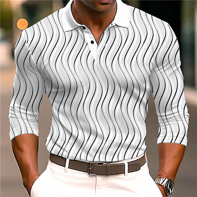 Men's Geometric Polo Shirts Golf Shirt Long Sleeve Polo Shirts Collared Shirts Business Casual WorkWear Formal Wear Festival Wear 3D Print Buttons Fall & Winter Black White 5