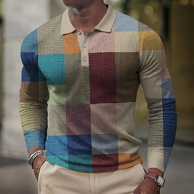 Men's Plaid Golf Shirt Long Sleeve Polo Shirts Collared Shirts Vintage Casual Vacation Wear Formal Wear Festival Wear Buttons 3D Print Spring Fall Winter Blue Orange Green 6