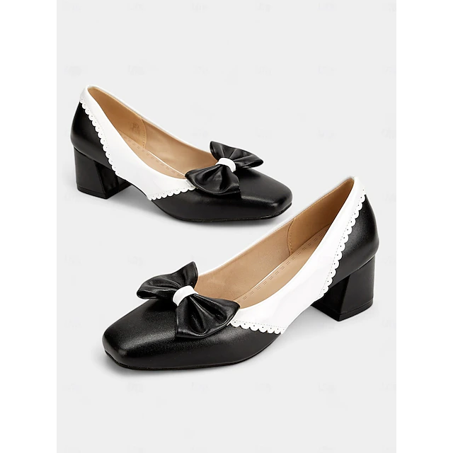 Women's Black and White Block Heel Pumps with Bow Detail – Vintage-Inspired Low-Heel Shoes for Office, Casual, and Dressy Occasions 13