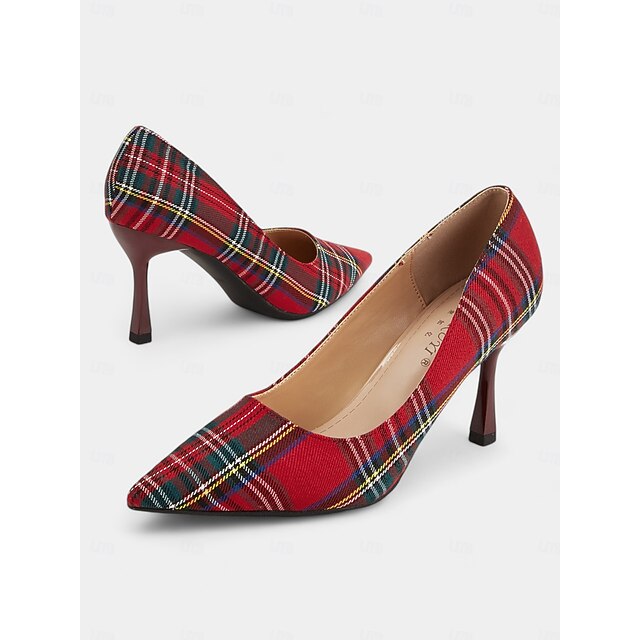 Women's Red Tartan Plaid Pointed Toe Stiletto Heels – Stylish Pumps for Office, Parties, and Holiday Events 10
